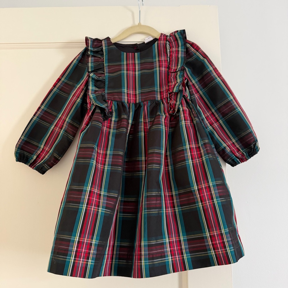 Gap Girls' Plaid Ruffle-Yoke Long Sleeve Dress - Red & Green